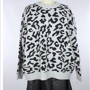 LYLA + LUXE Grey Leopard Acrylic Oversized Crew Neck Sweater, Size M